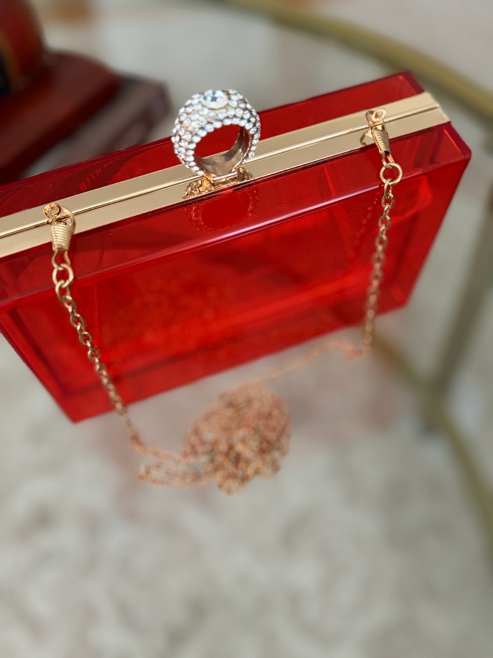 Red Acrylic Box Clutch Rhinestone Ring Clasp Gold Chain Evening Bag - Picture 5 of 14